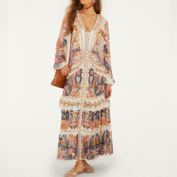 FARM Rio Dresses & Skirts - FARM RIO Off-White Sea Garden Ruffled Maxi Dress L